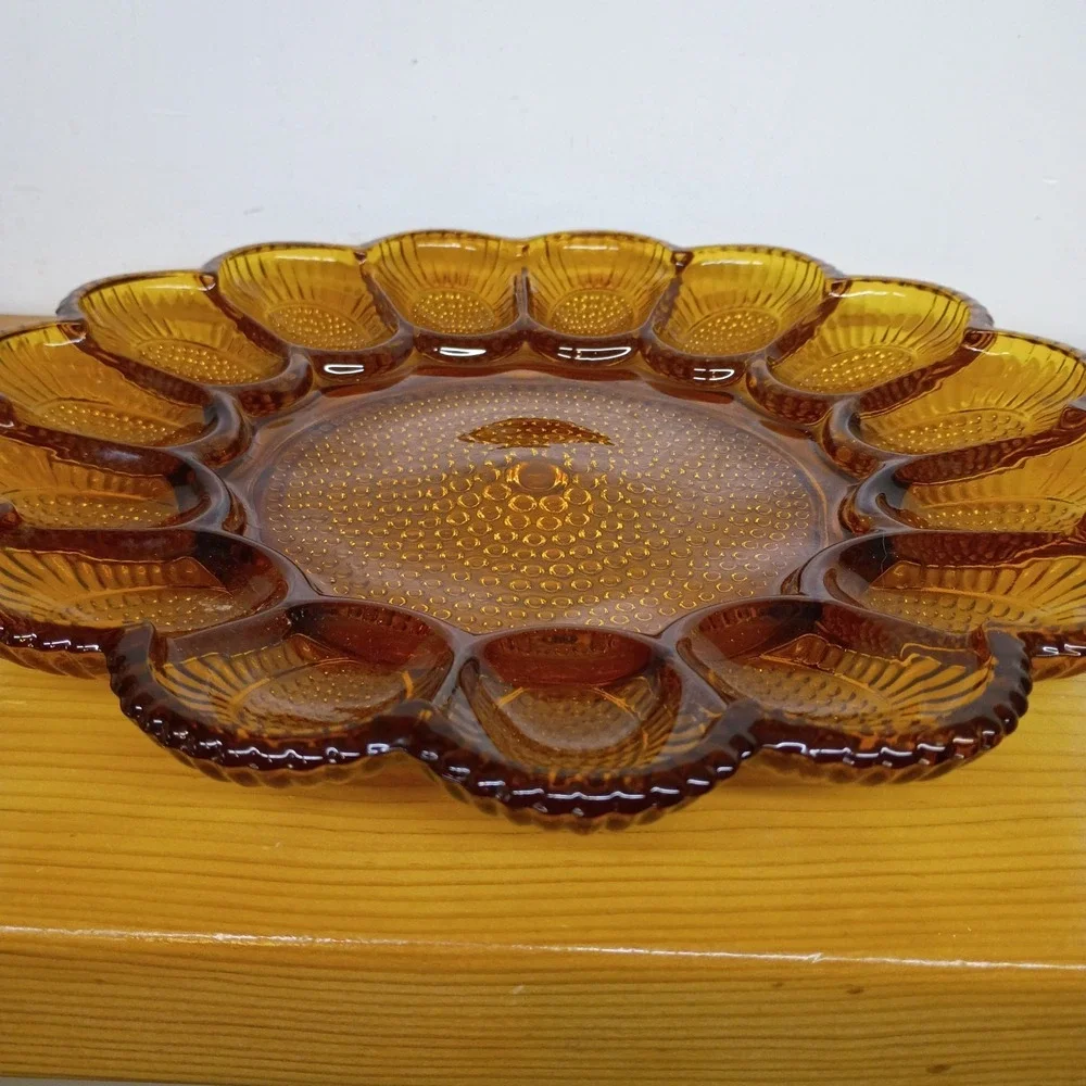 Indiana Glass Deviled Egg Plate Vintage Amber Hobnail 11